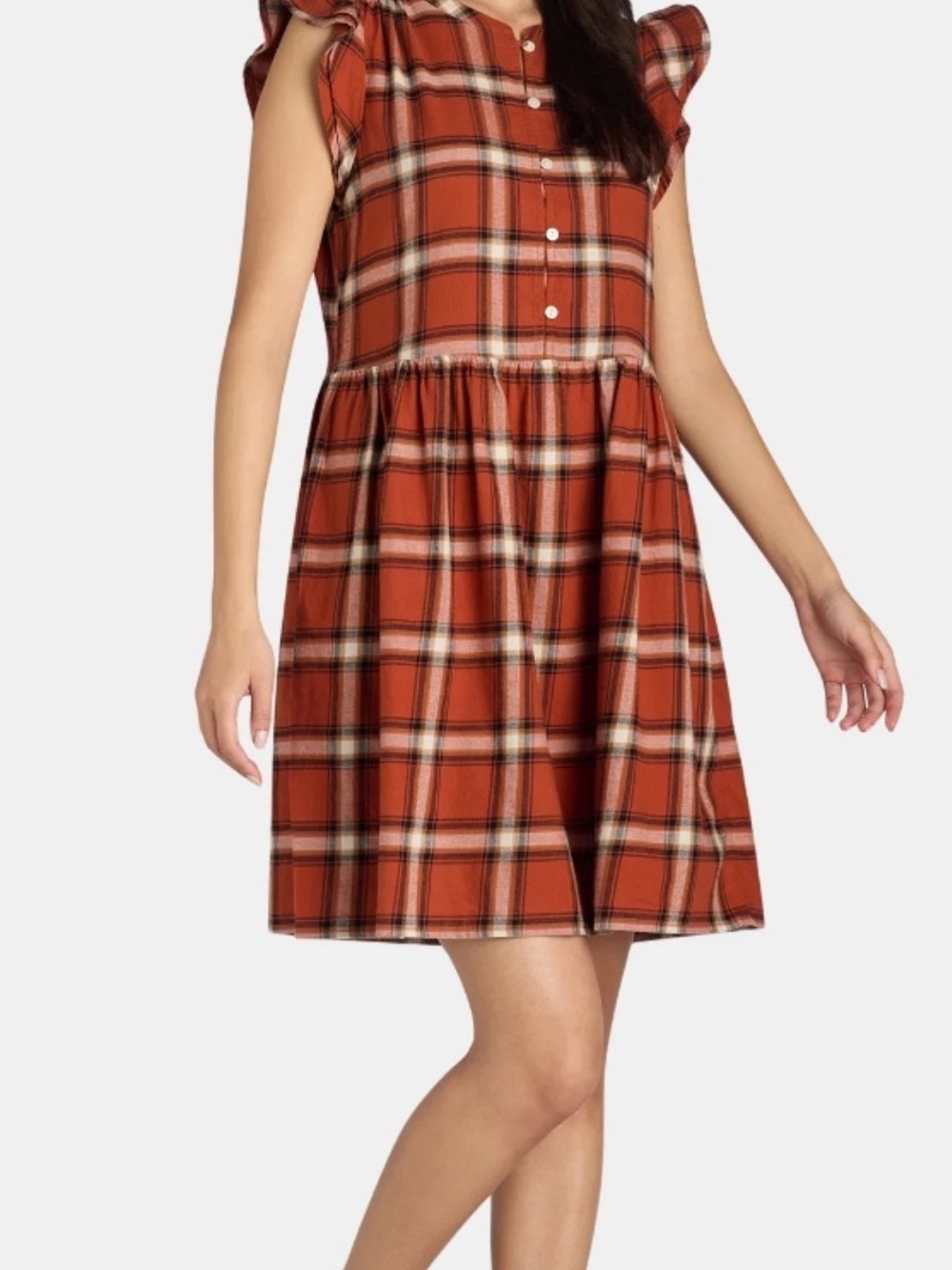 NWT Plaid Button-Front Ruffle Sleeve Woven Dress